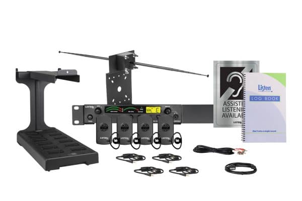 Composite image of an RF system featuring a docking station, antenna, RF transmitter, four receivers, four ear buds, four neck loops, charging cord, log book, and signage.