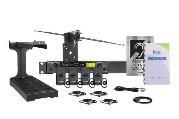 Composite image of an RF system with an RF transmitter, docking station, antenna, four receivers, four ear buds, four beck loops, charging cord, log book, and signage.