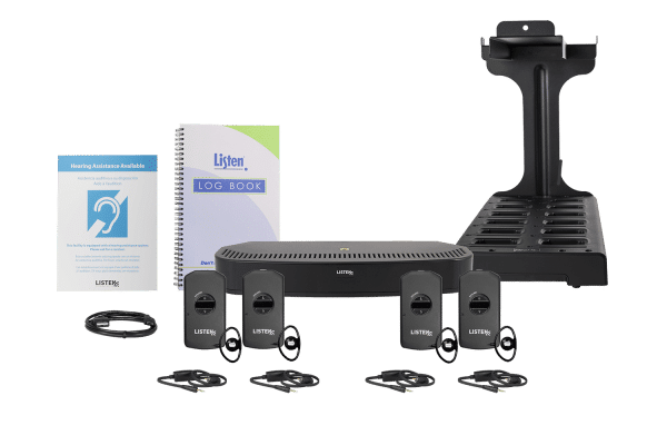 Composite image of one infrared transmitter/radiator, one log book, one charging cord, docking station, four receivers, four neck loops, and signage.