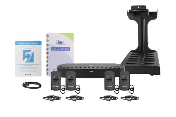 Composite image of an infrared system featuring one radiator, one docking station, one log book, four receivers, four neck loops, a charging cord, and signage.