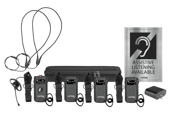 This picture is of the ListenTALK Portable ADA Kit 2, which includes one (1) ListenTALK Transceiver, three (3) ListenTALK Receiver Pro, one (1) Headset 1 (Ear Speaker w/Boom Mic), two (2) Advanced Neck Loops (Adult), one (1) 4-Port USB Charger, one (1) Soft Shell Case 4, and one (1) Assistive Listening Notification Signage Kit.