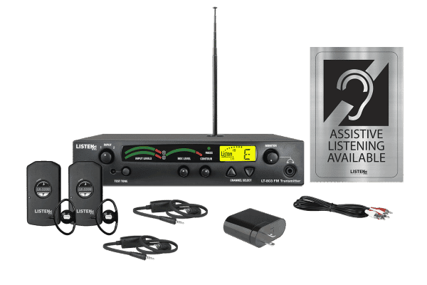 Composite image of a radio frequency system featuring one transmitter, two receivers, two ear buds, two neck loops, one charging cord, signage, and one charging block,