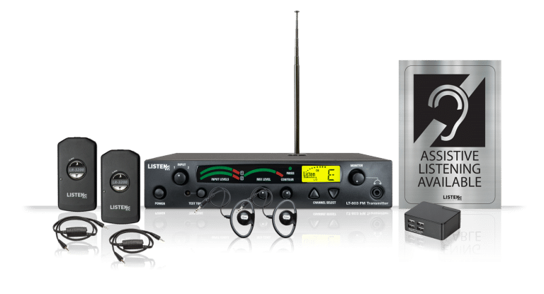 Front view of ListenRF's product family with two devices, two headsets, and the Assistive Listening signage.
