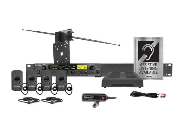 Composite image of an radio frequency system featuring one transmitter, one antenna, one docking station, four receivers, two neck loops, one dante dongle, one charging cord, and signage.
