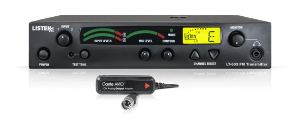 Front view of a radio frequency transmitter with a dante adapter plugged in.