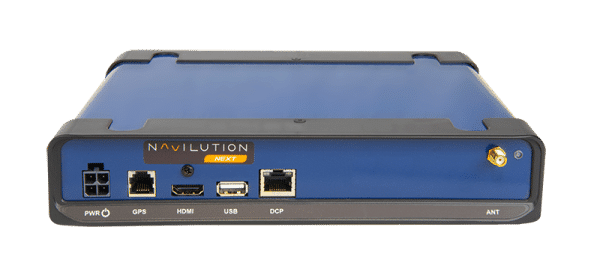 LN200N Navilution Next Server - blue box with inputs and outputs for power, GPS, HDMI, USB, DCP, and antenna