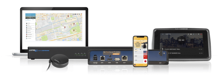 ListenTech Navilution ListenEverywhere LNS-208N 8 Collage showing Cortex software on a laptop screen, a GPS antenna, Listen EVERYWHERE server, Navilution Next server, Display Control Panel, and a Phone showing the Listen EVERYWHERE app